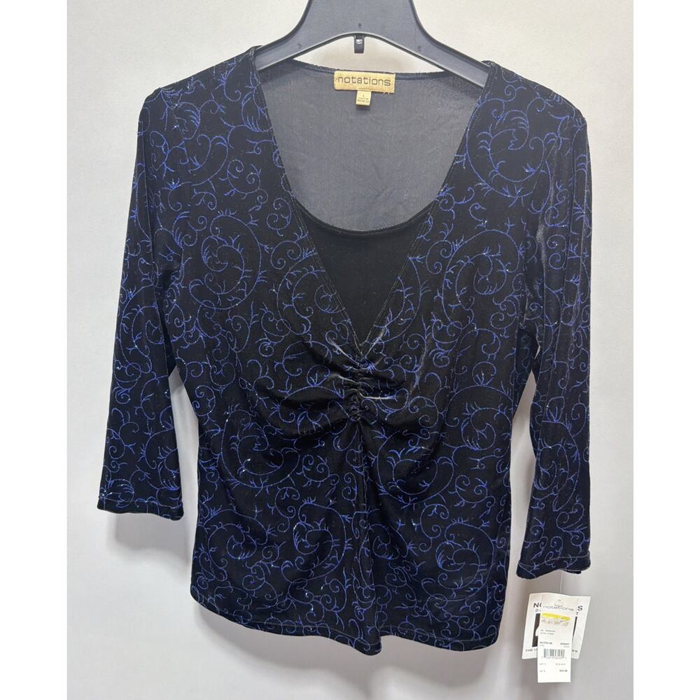 NOTATIONS VELVET TOP WOMEN'S BLACK BLUE GLITTER INNER FAUX TANK Size L